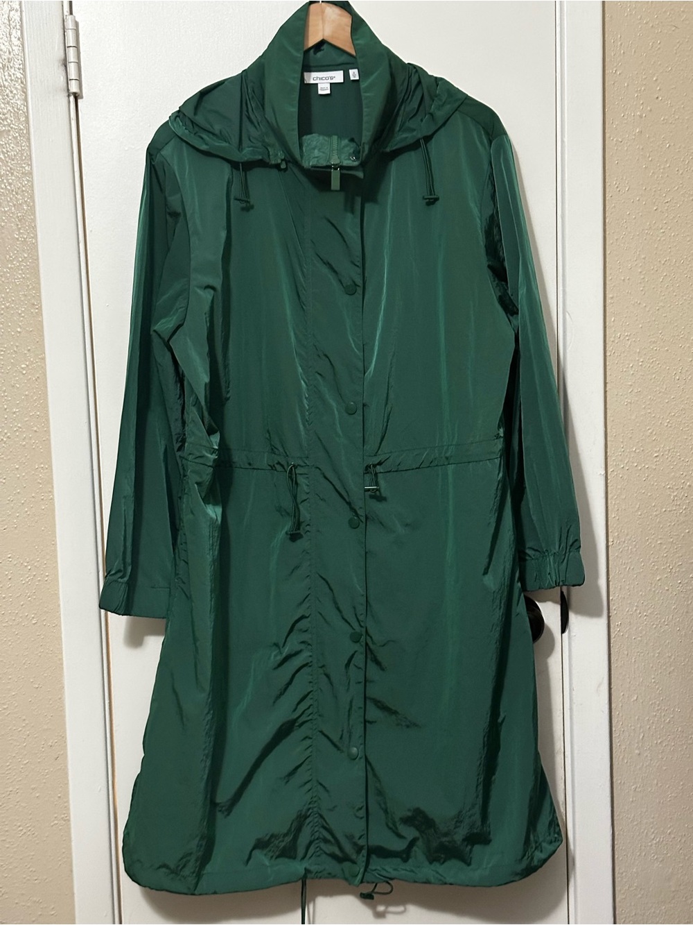 Chico's Zenergy Emerald Green Maxi Anorak Rain Jacket Hooded Drawstring Sz 2 /12
